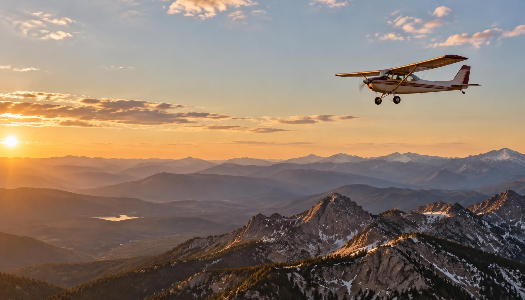 A small training airplane flying over the Colorado Rocky Mountains at sunset